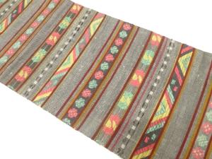 手織り紬　横段に抽象模様織り出し　名古屋帯